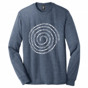 Living in GRATITUDE Today Spiral Long Sleeve Shirt Heather Navy Tri-Blend Man Pullover With White Accents