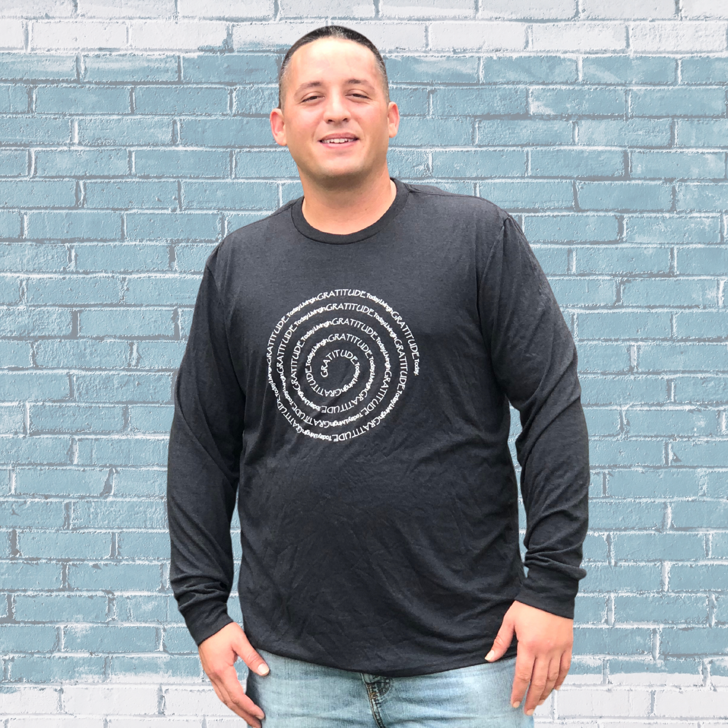 Living in GRATITUDE Today Spiral Long Sleeve Shirt Black Tri-Blend Man Pullover With White Accents